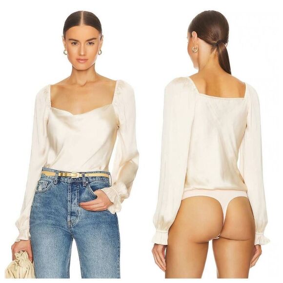 Paige Bodysuit Women's Small Satin Beige‎ Square Neck 100% Polyester Stretch - Picture 1 of 9